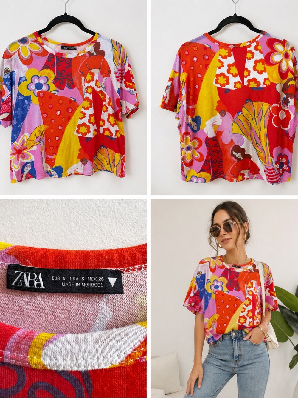 ZARA Bright Floral Print Short Sleeve Top - Pink Multicolor - Boxy Fit - Picture 6 of 6